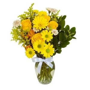 Arranjo de Flores Mistas Amarelas no Vaso de Vidro