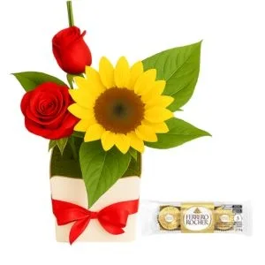 Arranjo de Rosas e Girassol e Ferrero Rocher