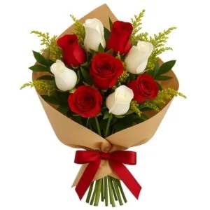 Buquê de 10 Rosas Brancas e Vermelhas