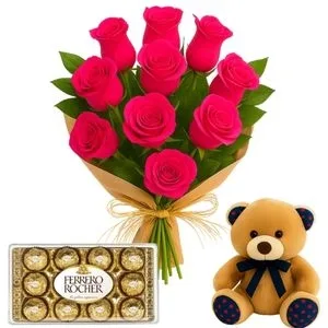 Buquê de 10 Rosas Pink com Chocolate e Pelúcia
