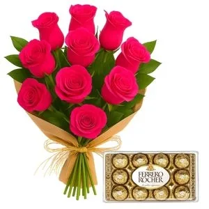 Buquê de 10 Rosas Pink com Chocolate