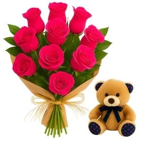 Buquê de 10 Rosas Pink com Pelúcia