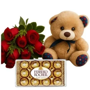 Buquê de 10 Rosas Vermelhas com Pelúcia e Chocolate