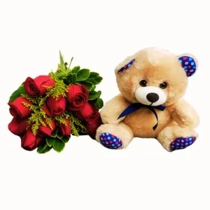 Buquê de 10 Rosas vermelhas com Pelúcia
