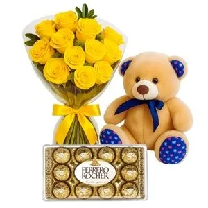 Buquê de 12 Rosas Amarelas com Chocolate e Pelúcia