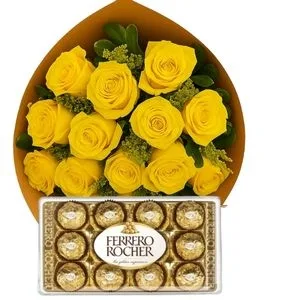 Buquê de 12 Rosas Amarelas com Chocolate
