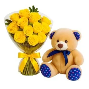 Buquê de 12 Rosas Amarelas com Pelúcia