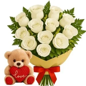 Buquê de 12 Rosas Brancas com Pelúcia