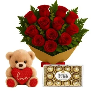 Buquê de 12 Rosas Vermelhas com Chocolate e Pelúcia