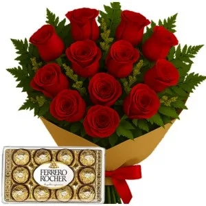 Buquê de 12 Rosas Vermelhas com Chocolate
