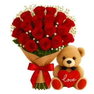 Buquê de 12 Rosas Vermelhas com Pelúcia
