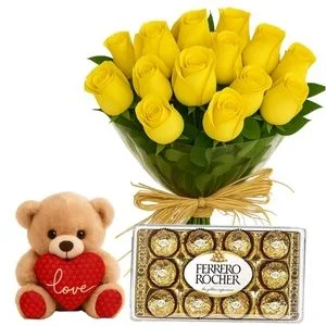 Buquê de 15 Rosas Amarelas com Chocolate e Pelúcia
