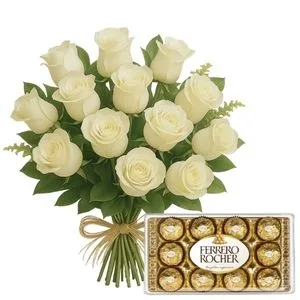 Buquê de 15 Rosas Brancas com Chocolate