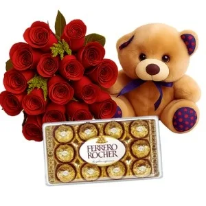Buquê de 17 Rosas Vermelhas com Pelúcia e Chocolate