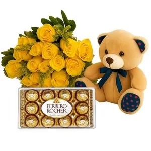 Buquê de 19 Rosas Amarelas com Chocolate e Pelúcia