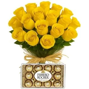 Buquê de 19 Rosas Amarelas com Chocolate
