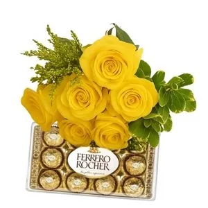 Buquê de 6 Rosas Amarelas com Chocolate