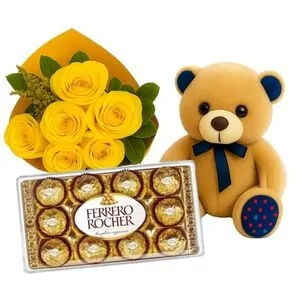 Buquê de 6 Rosas Amarelas com Pelúcia e Chocolate