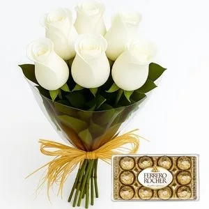 Buquê de 6 Rosas Brancas com Chocolate