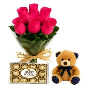 Buquê de 6 Rosas Pink com Chocolate e Pelúcia