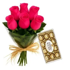 Buquê de 6 Rosas Pink com Chocolate