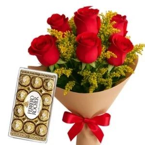 Buquê de 6 Rosas Vermelhas com Chocolate
