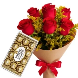 Buquê de 6 Rosas Vermelhas com Ferrero Rocher