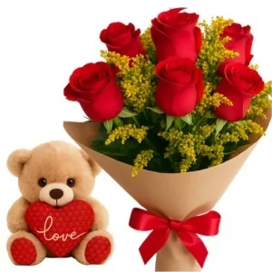 Buquê de 6 Rosas Vermelhas com Pelúcia