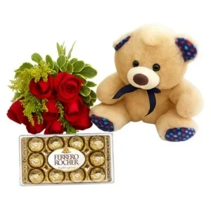 Buquê de 8 Rosas Vermelhas com Pelúcia e Chocolate