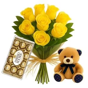 Buquê de 9 Rosas Amarelas com Chocolate e Pelúcia