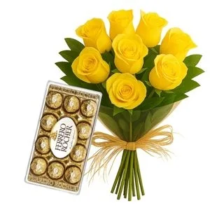 Buquê de 9 Rosas Amarelas com Chocolate