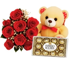 Buquê de 9 Rosas Vermelhas com Chocolate e Pelúcia