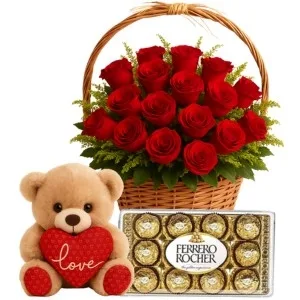 Cesta de 20 Rosas Vermelhas com Chocolate e Pelúcia