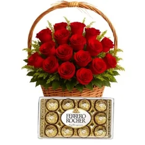 Cesta de 20 Rosas Vermelhas com Chocolate