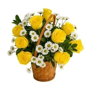Cesta de Rosas Amarelas com Margaridinhas