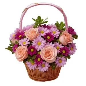 Cesta de Rosas e Margaridas Lilás