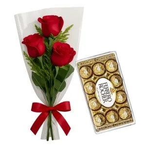 Ramalhete de 3 Rosas Vermelhas com Ferrero Rocher