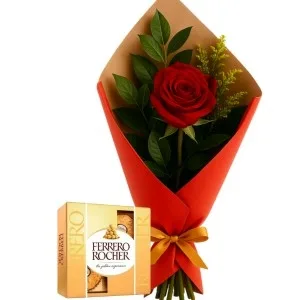 Rosa Solitária com 4 Bombons Ferrero Rocher