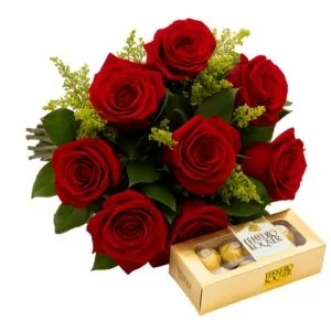 Buquê com 10 Rosas Vermelhas com Ferrero
