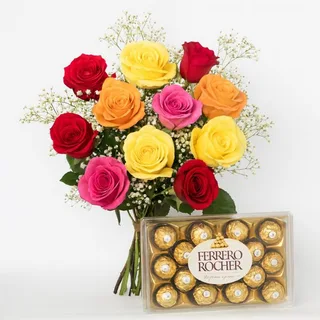 Buquê com 12 Rosas Coloridas e Caixa de Ferrero Rocher