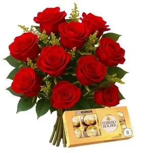 Buquê com 12 Rosas Vermelhas e Caixa de Bombons Ferrero Rocher