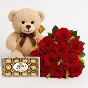 Buquê com 12 Rosas Vermelhas, Urso de Pelúcia e Chocolates Ferrero Rocher