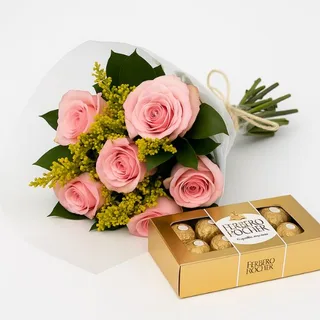 Buquê com 6 Rosas Cor-de-Rosa e Caixa de Ferrero Rocher