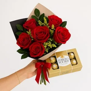 Buquê com 6 Rosas Vermelhas e Caixa de Chocolates Ferrero Rocher