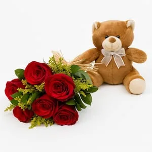Buquê com 6 Rosas Vermelhas e Urso de Pelúcia