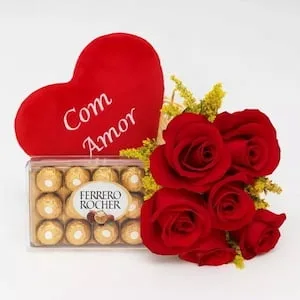 Buquê de 6 Rosas, Coração Bordado e Ferrero Rocher
