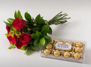 Buquê de 6 Rosas Vermelhas e Ferrero Rocher
