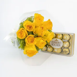 Buquê de 9 Rosas Amarelas com Caixa de Chocolates Ferrero Rocher