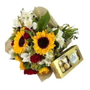 Buquê de Girassóis, Rosas e Ferrero Rocher