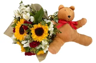 Buquê de Girassóis, Rosas e Pelúcia